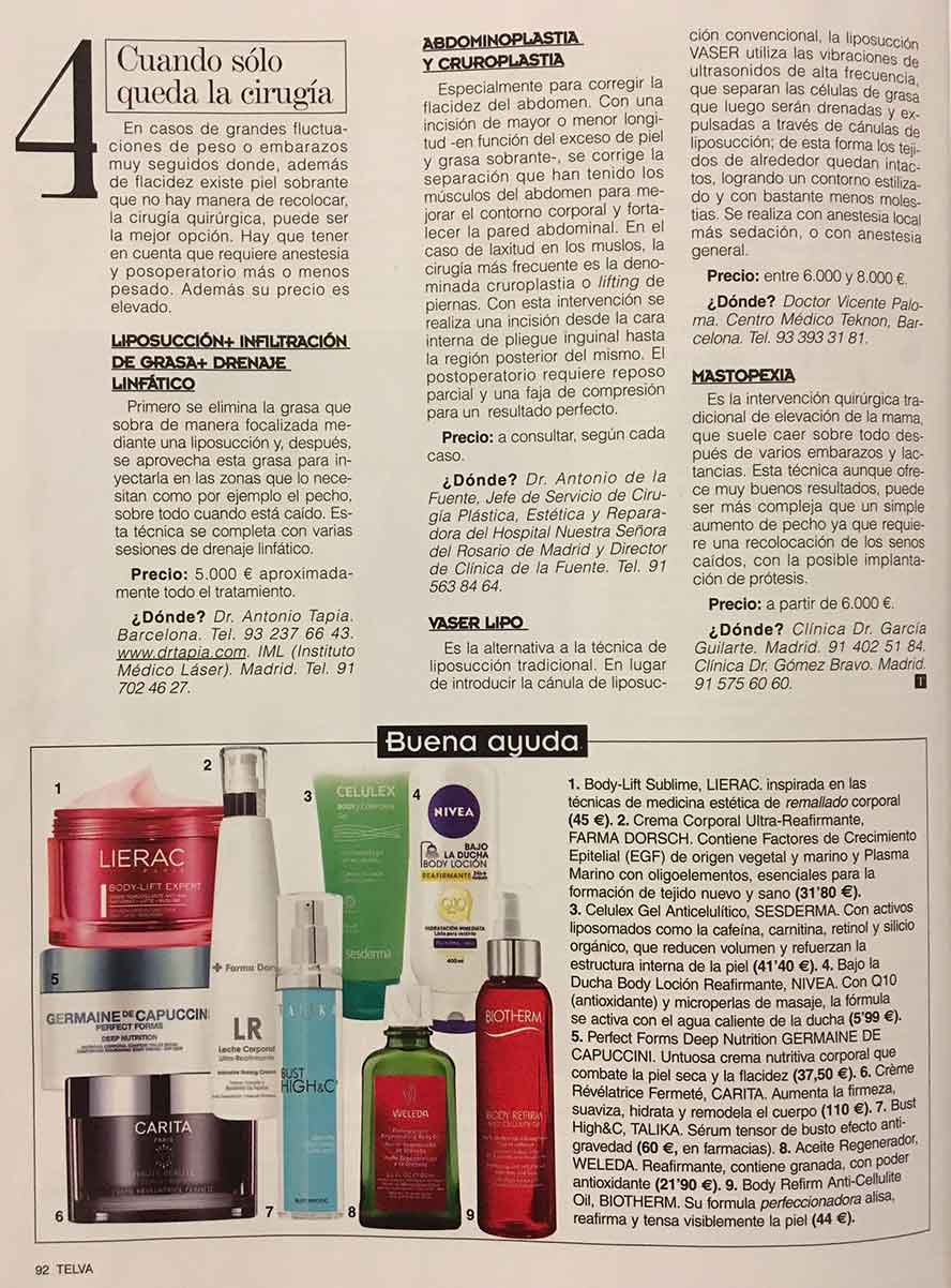 El Dr Guilarte aparece en la revista Telva tratando el tema de la mastopexia, texto